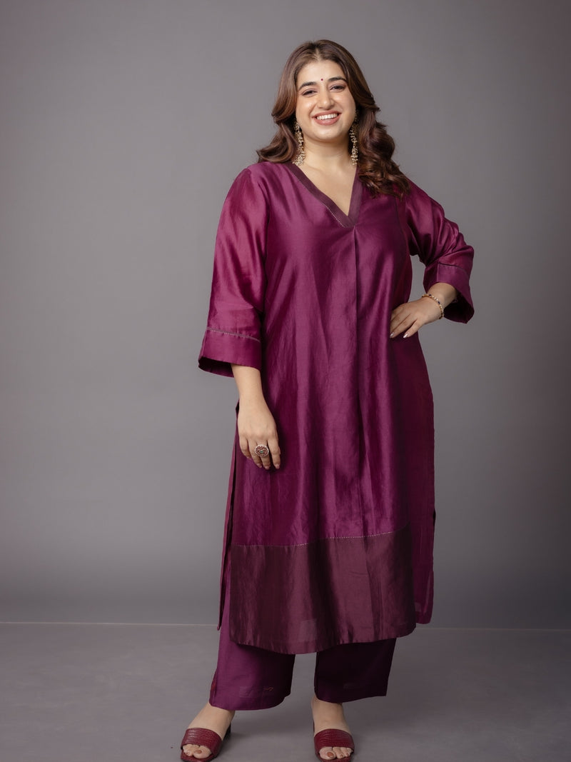 Kanika Purple Solid Chanderi Silk Straight Kurta with Hand Embroidery