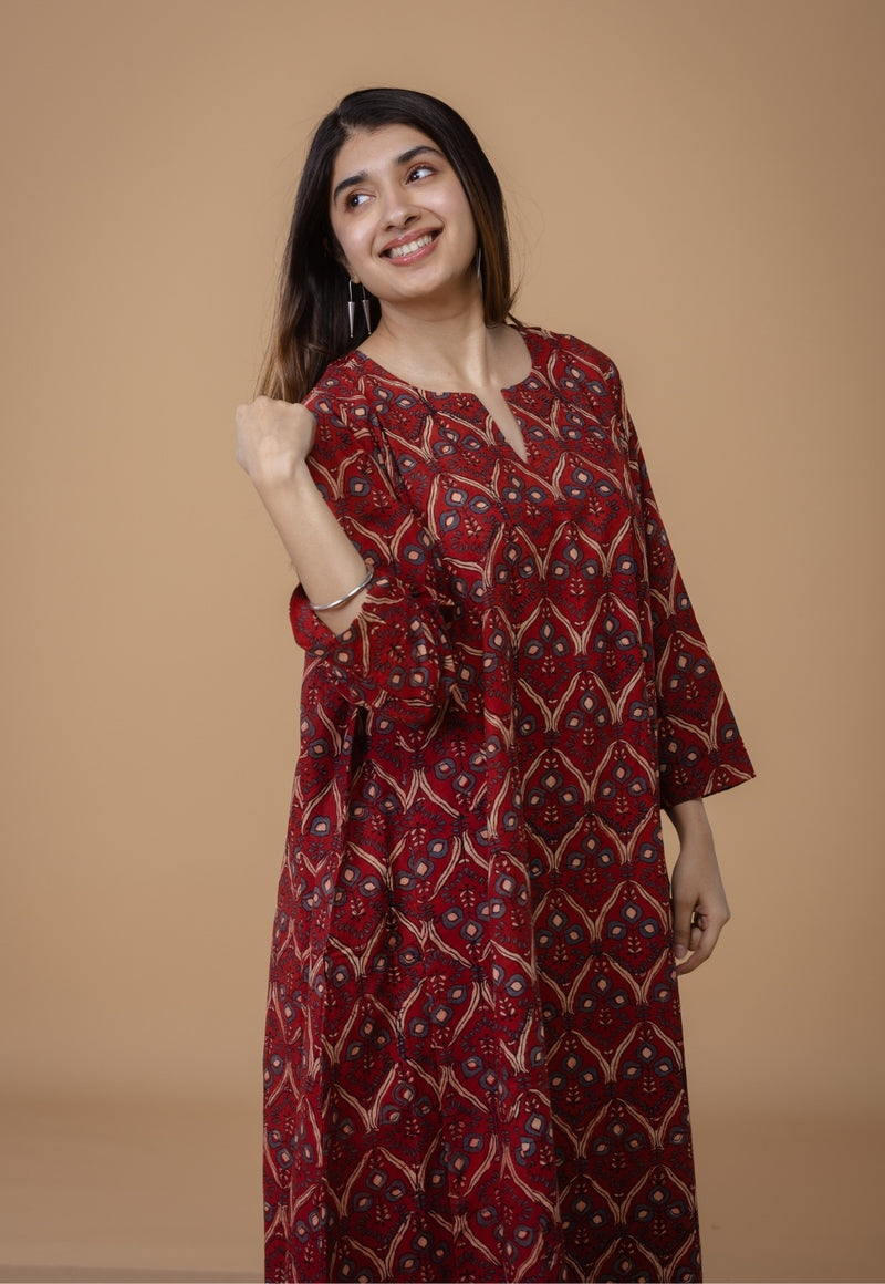 Nyra Red Ajrakh Cotton Jhabba Kali Kurta