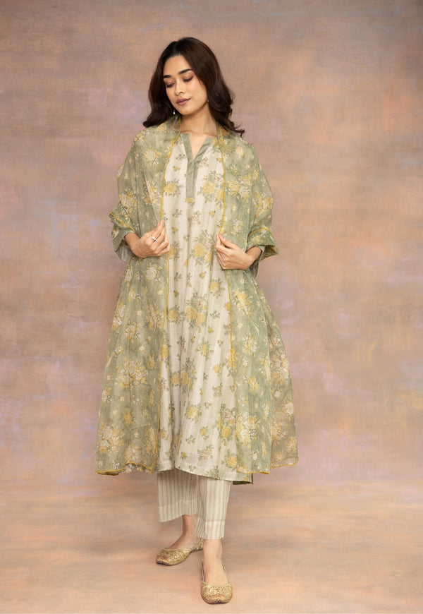 Rozin Green Sanganeri Chanderi Silk Narrow Pant