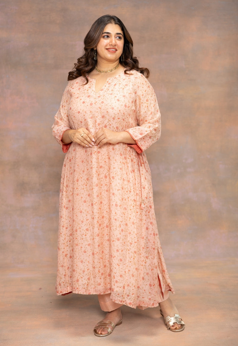 Rosette Orange Sanganeri Chanderi Silk A Line Kurta