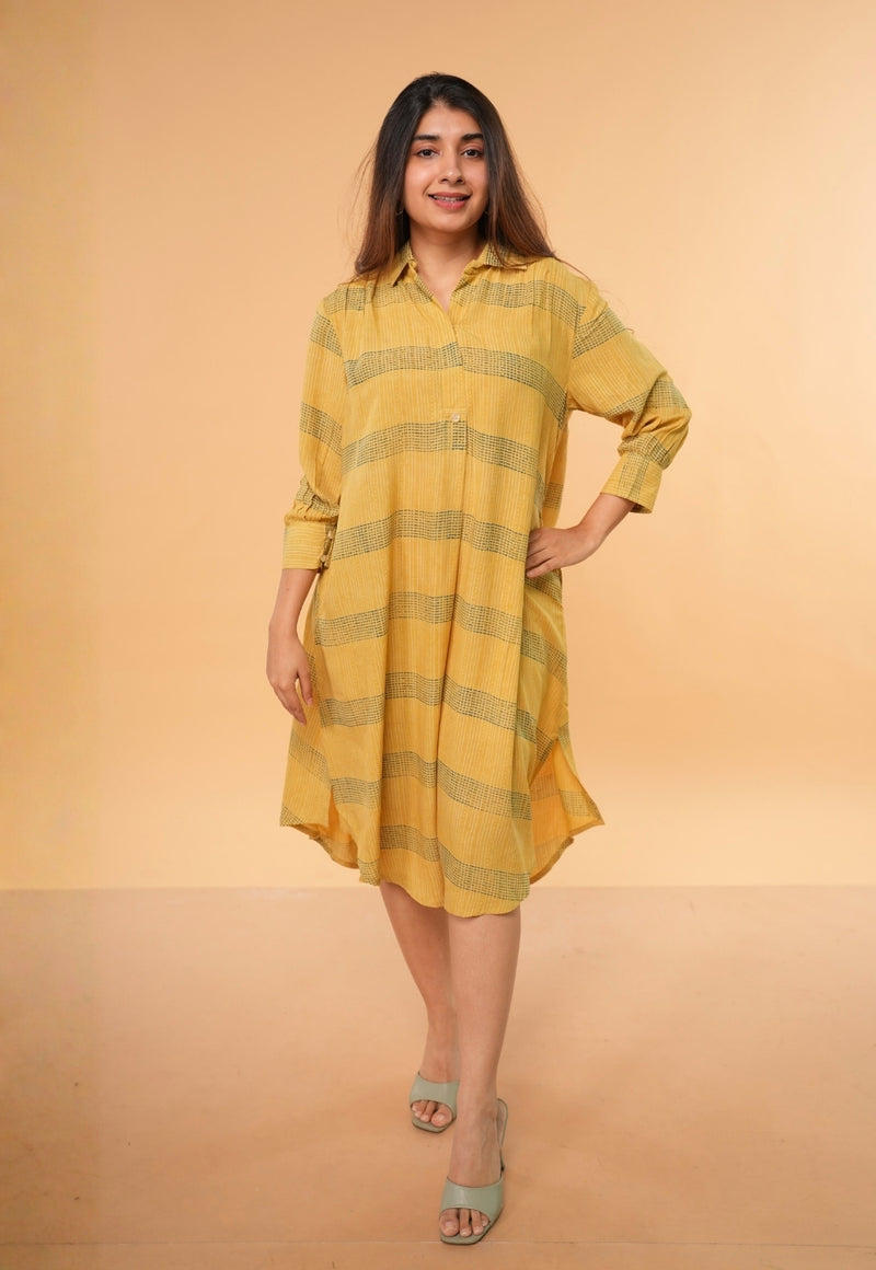 Ridah Yellow Ajrakh Modal Silk A Line Dress
