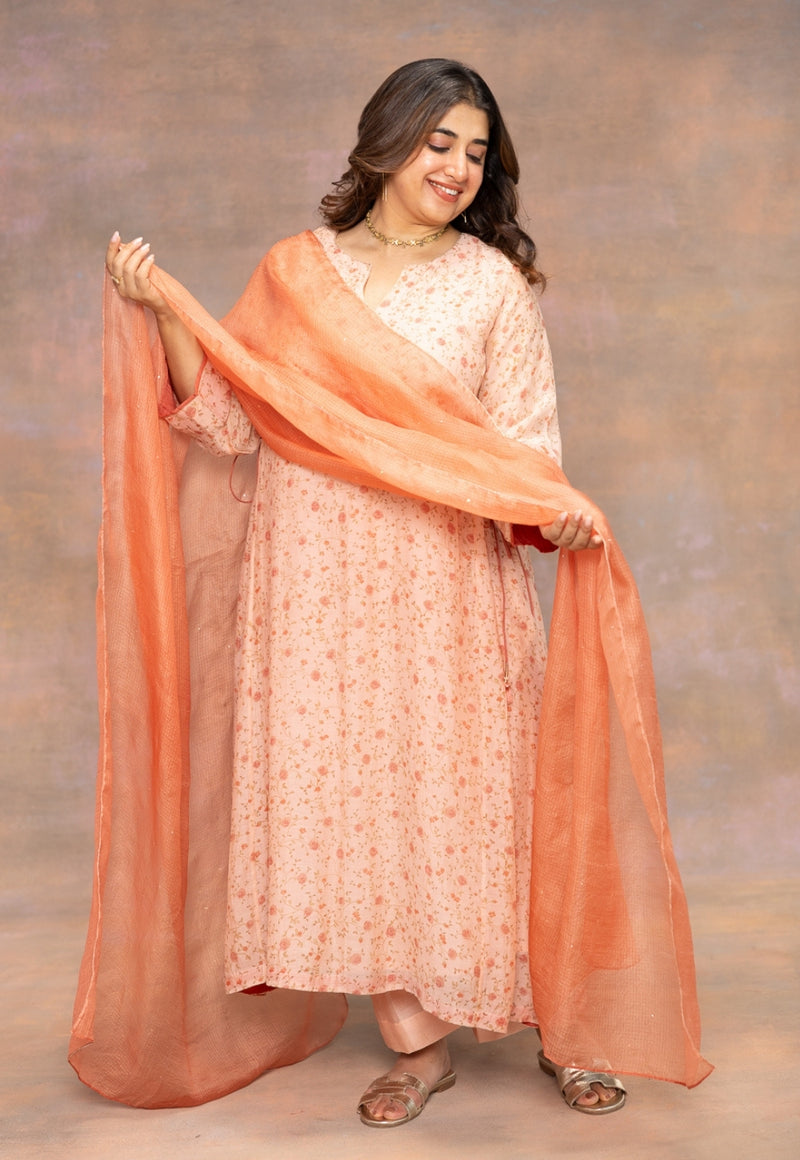 Rosette Orange Sanganeri Chanderi Silk A Line Kurta