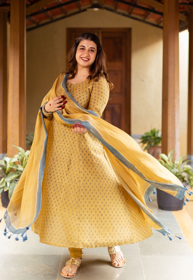 Mustard Ajrakh Chanderi Silk Dupatta with Embroidery