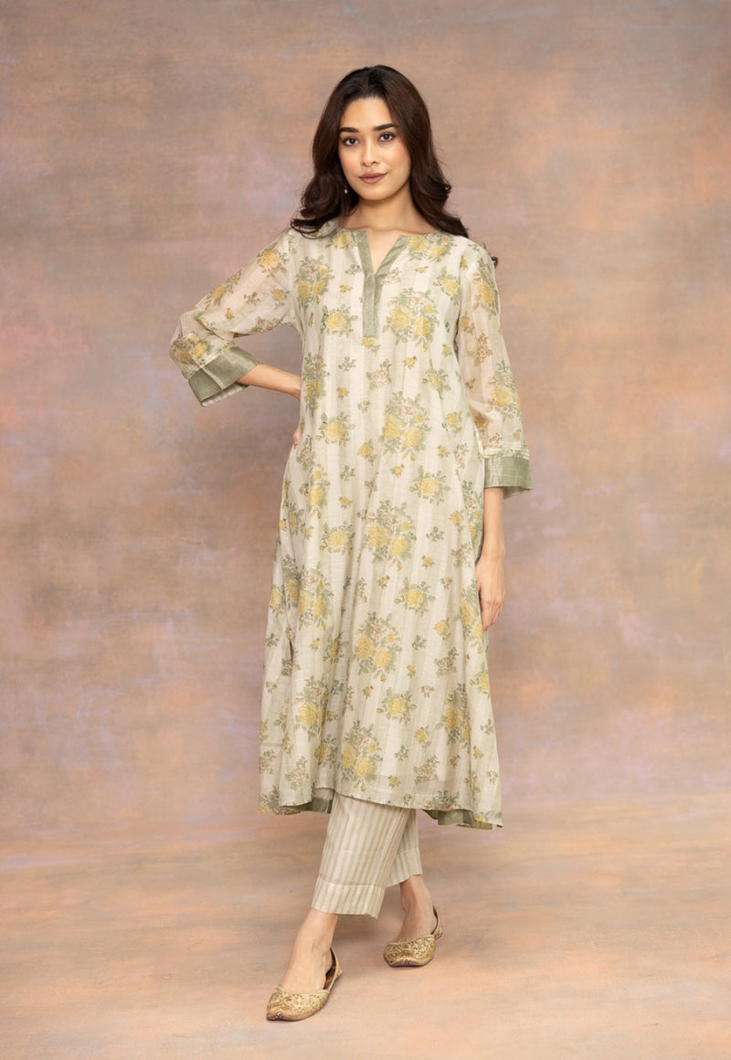Rozin Green Sanganeri Chanderi Silk A Line Kurta