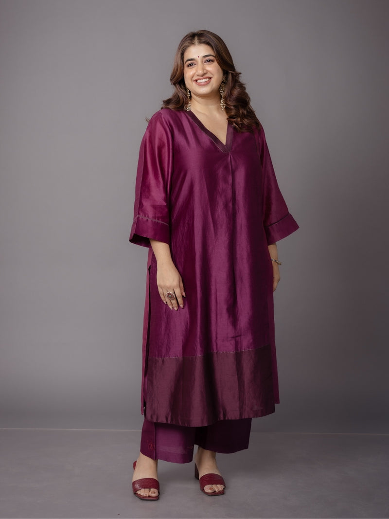 Kanika Purple Solid Chanderi Silk Straight Kurta with Hand Embroidery