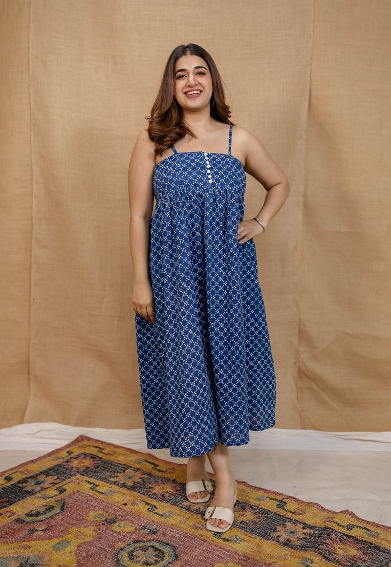 Hannah Indigo Dabu Cotton A Line Dress