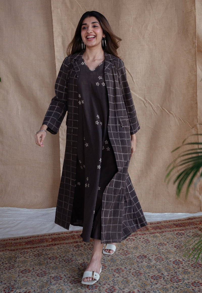 Mariam Charcoal Dabu Slub Cotton A Line Dress with Embroidery