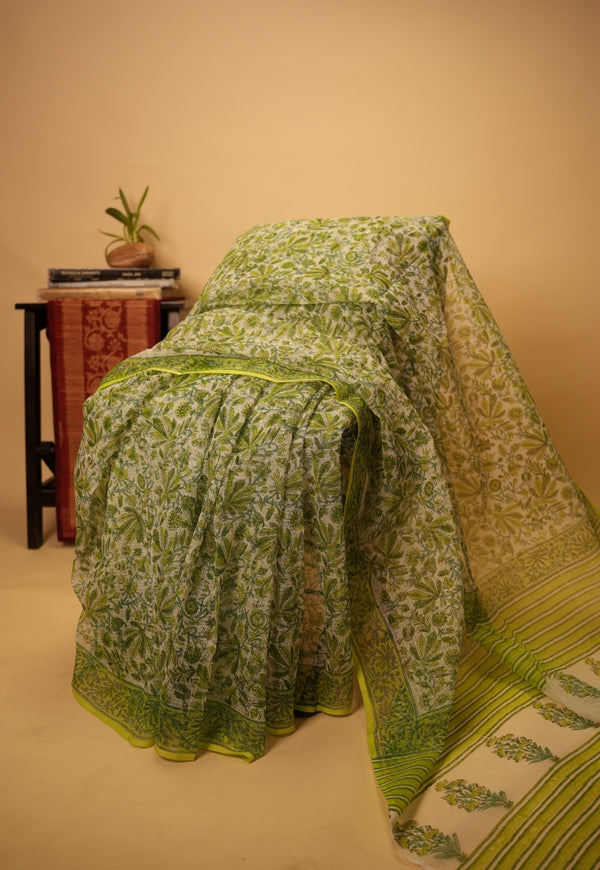 Green Floral Sanganeri Hand Block Print Kota Doria Saree