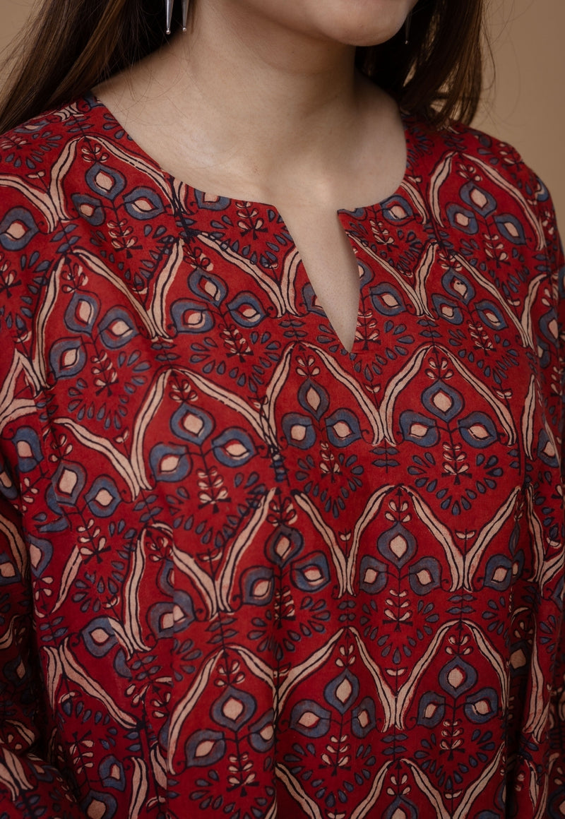 Nyra Red Ajrakh Cotton Jhabba Kali Kurta