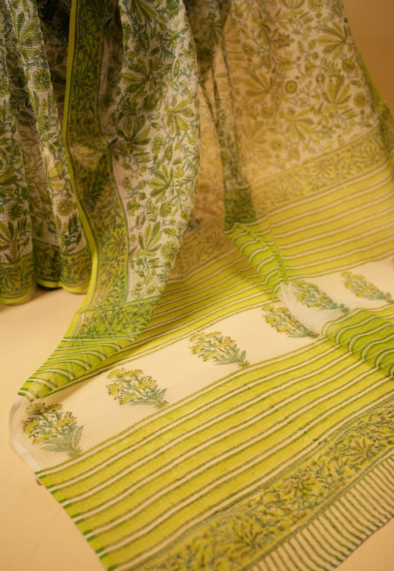Green Floral Sanganeri Hand Block Print Kota Doria Saree