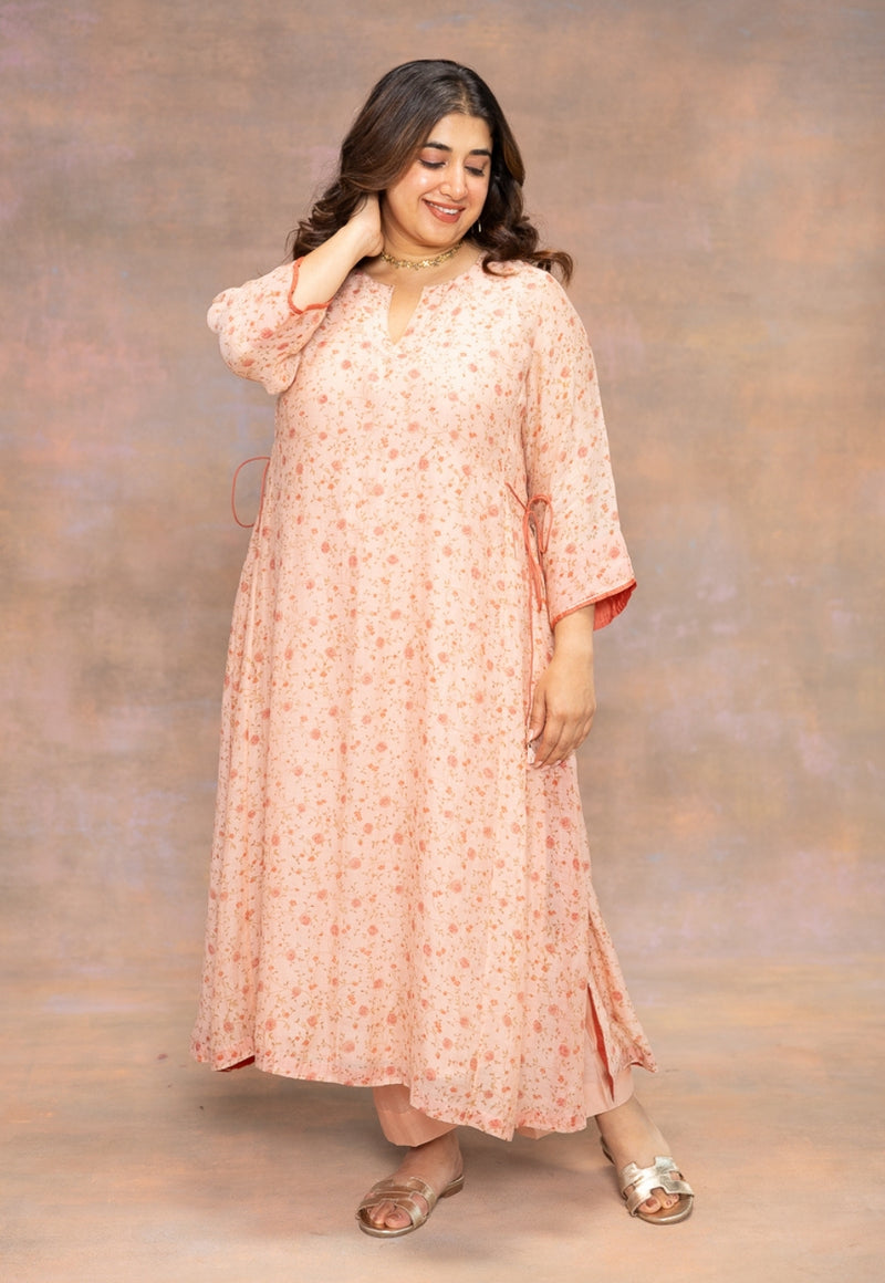 Rosette Orange Sanganeri Chanderi Silk A Line Kurta