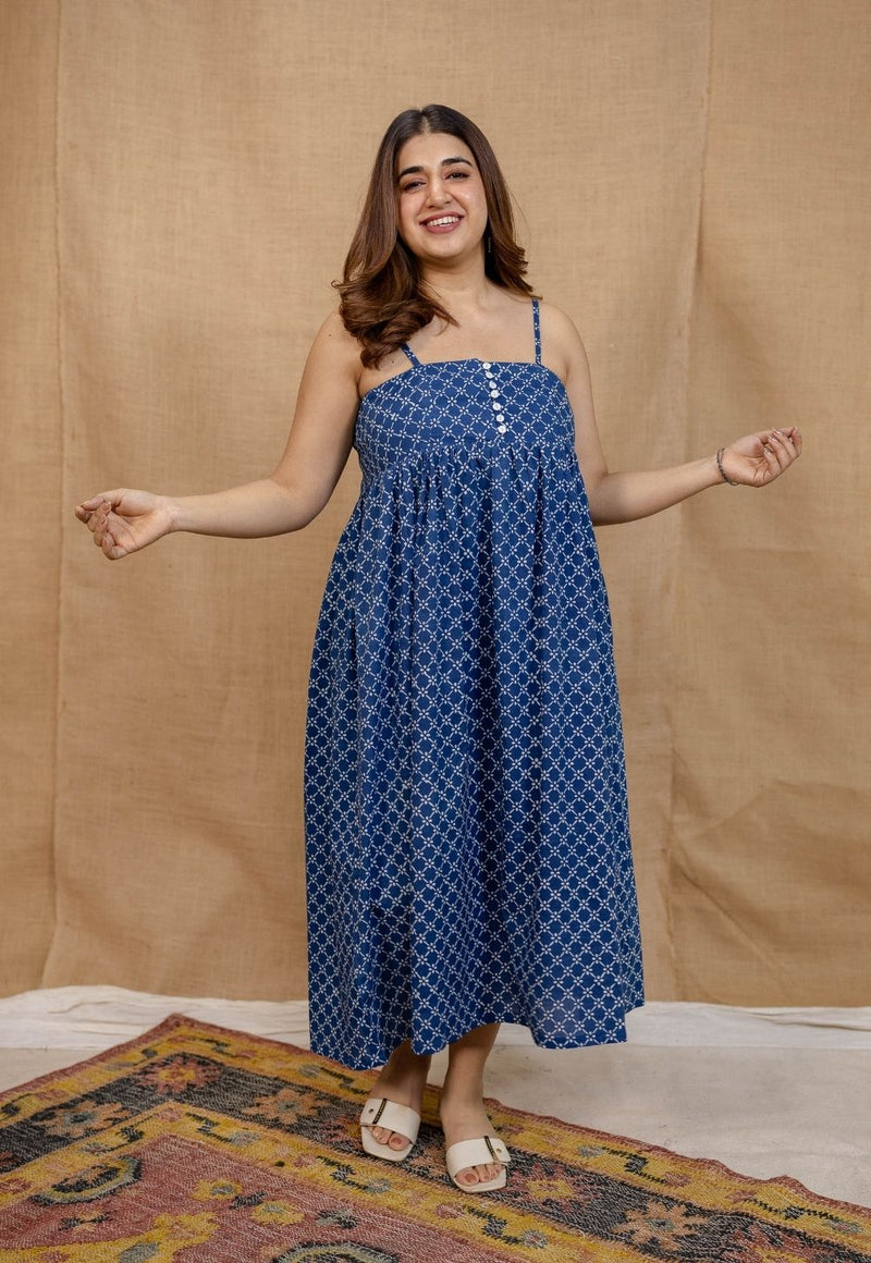 Hannah Indigo Dabu Cotton A Line Dress