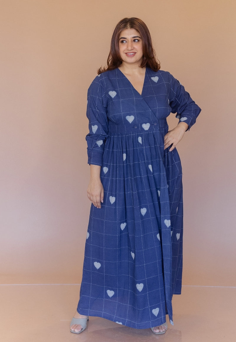 Kimaya Blue Dabu Cotton A Line Dress