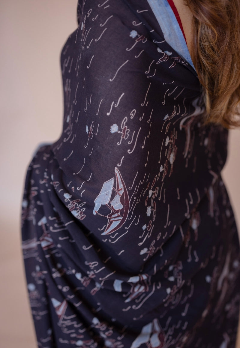Black Boat Ajrakh Hand Block Print Mul Saree