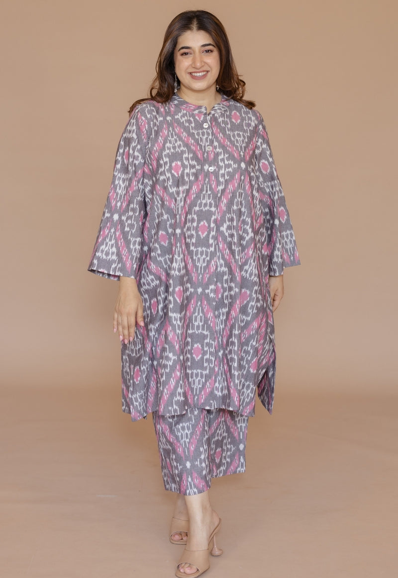 Ayaat Grey Handloom Ikkat Cotton Straight Kurta