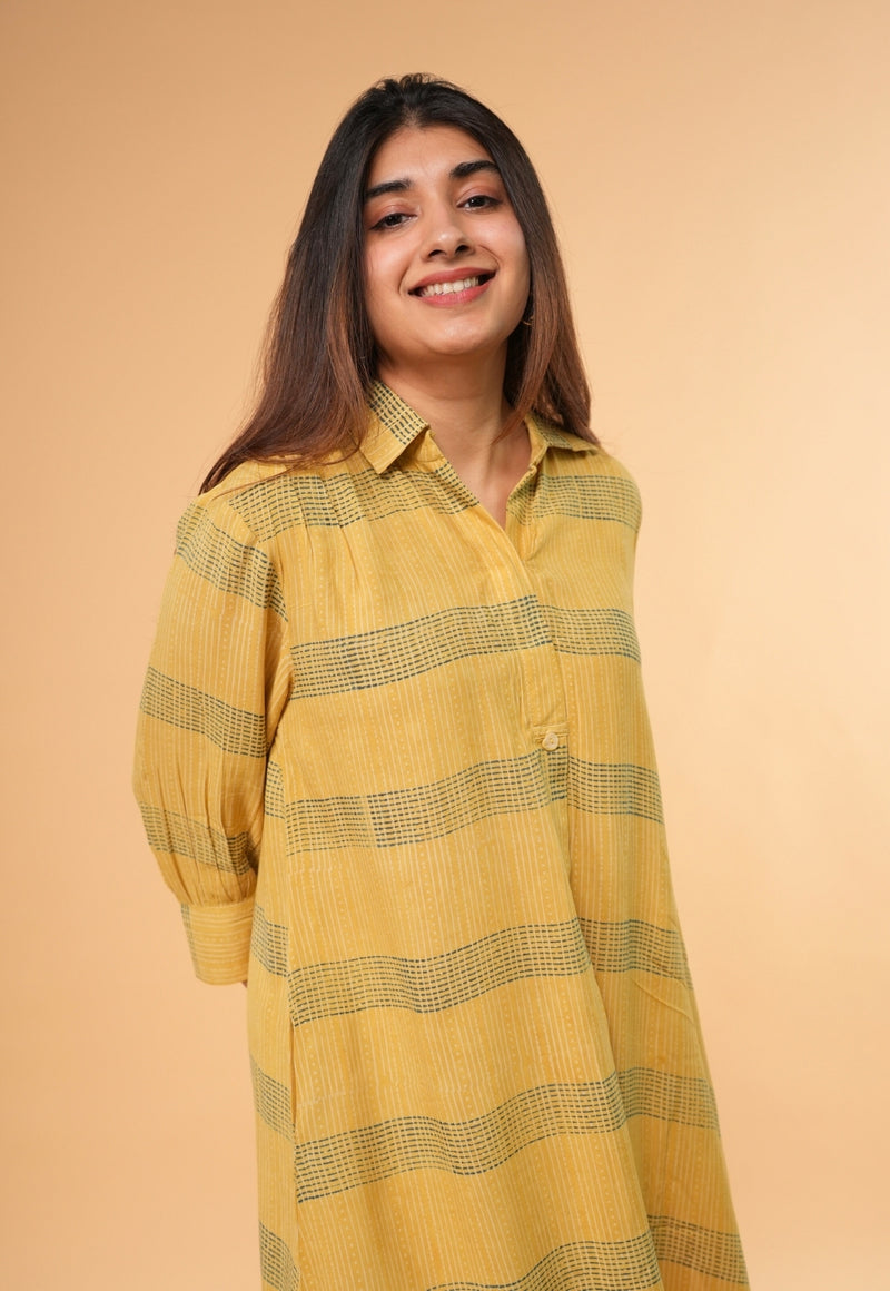 Ridah Yellow Ajrakh Modal Silk A Line Dress