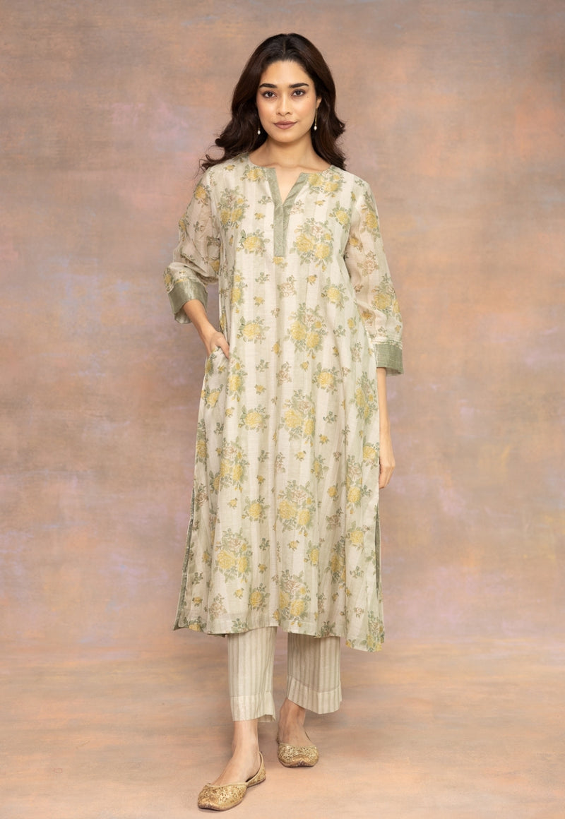 Rozin Green Sanganeri Chanderi Silk A Line Kurta