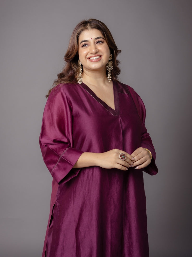Kanika Purple Solid Chanderi Silk Straight Kurta with Hand Embroidery