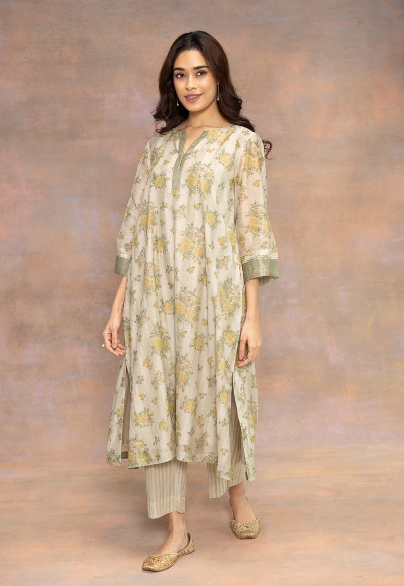 Rozin Green Sanganeri Chanderi Silk A Line Kurta