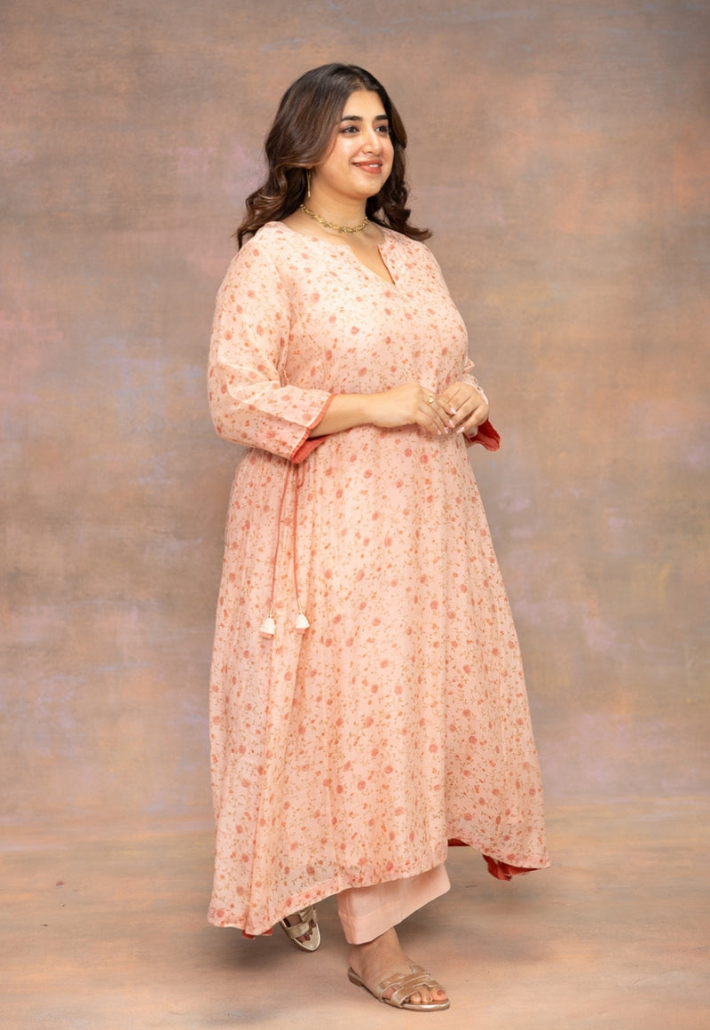 Rosette Orange Sanganeri Chanderi Silk A Line Kurta
