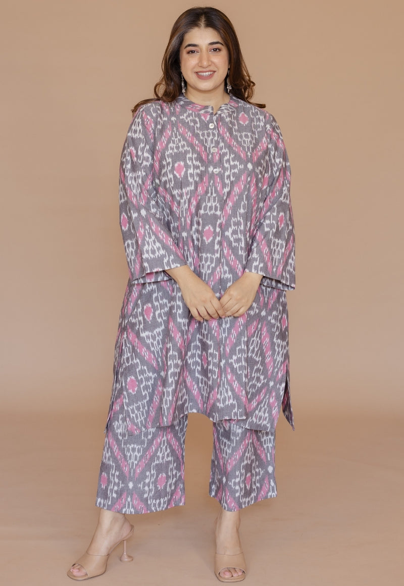 Ayaat Grey Handloom Ikkat Cotton Straight Kurta