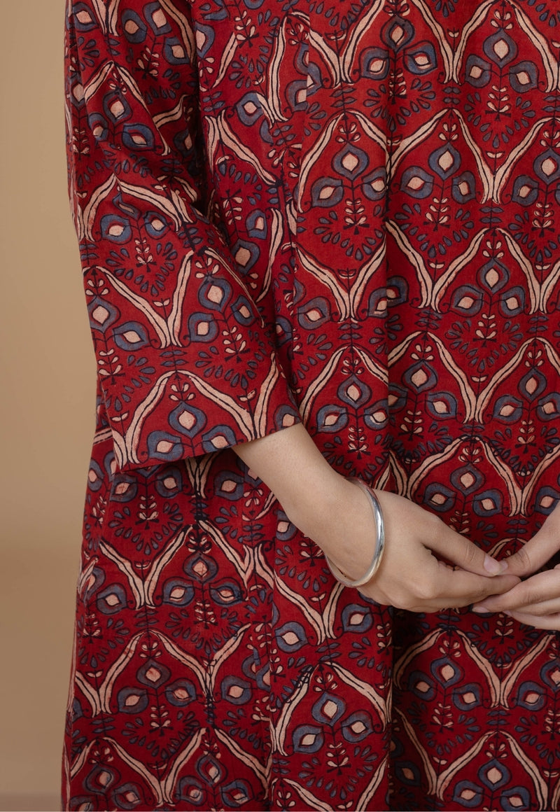 Nyra Red Ajrakh Cotton Jhabba Kali Kurta