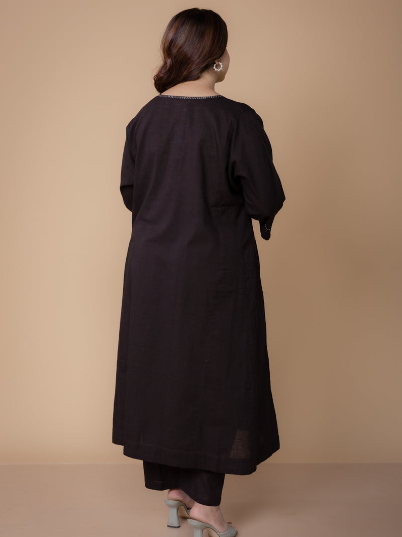 Nyra Black Solid Slub Cotton Jhabbha Kali Kurta with Hand Embroidery