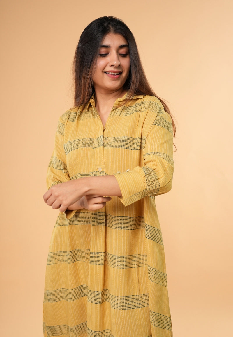 Ridah Yellow Ajrakh Modal Silk A Line Dress