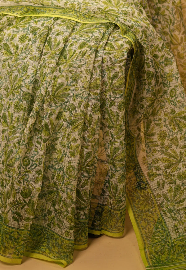 Green Floral Sanganeri Hand Block Print Kota Doria Saree