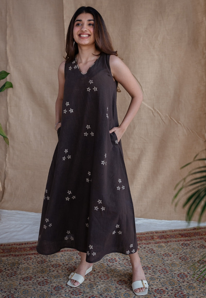 Mariam Charcoal Dabu Slub Cotton A Line Dress with Embroidery