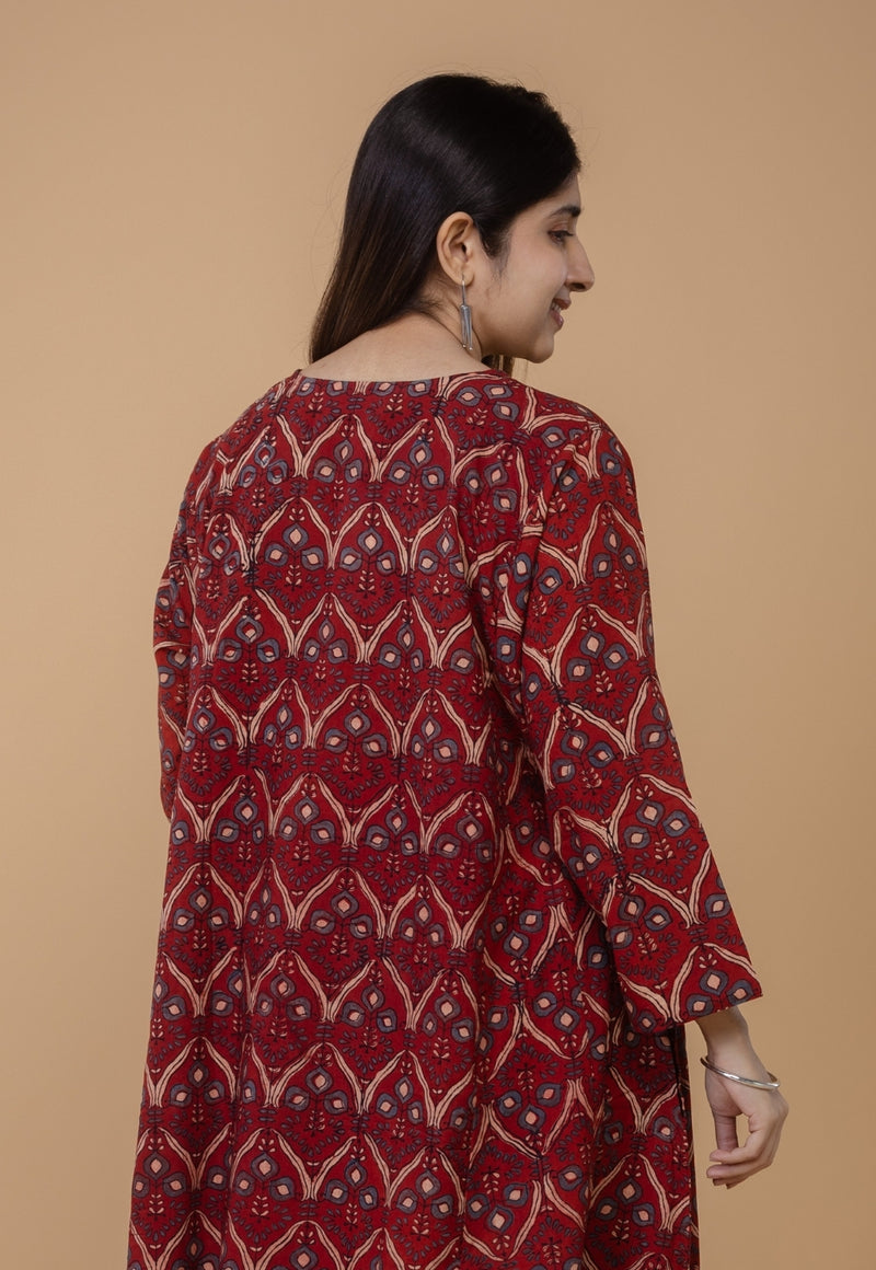 Nyra Red Ajrakh Cotton Jhabba Kali Kurta