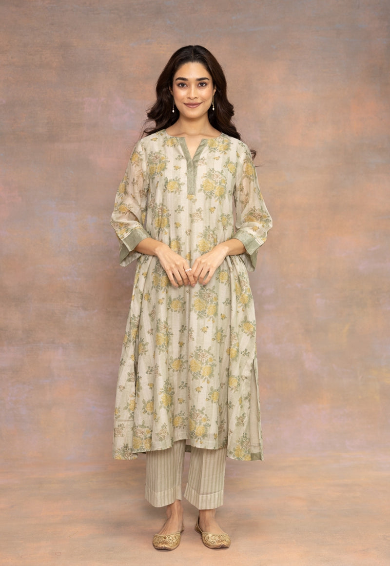 Rozin Green Sanganeri Chanderi Silk A Line Kurta