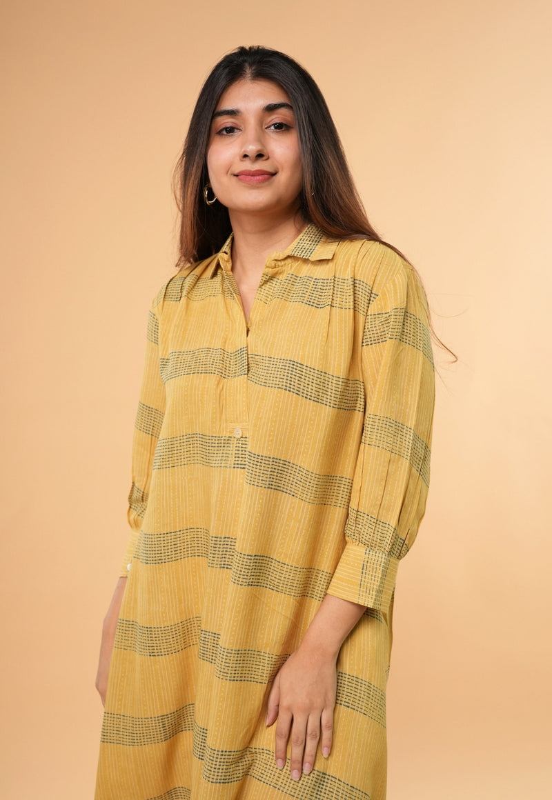 Ridah Yellow Ajrakh Modal Silk A Line Dress