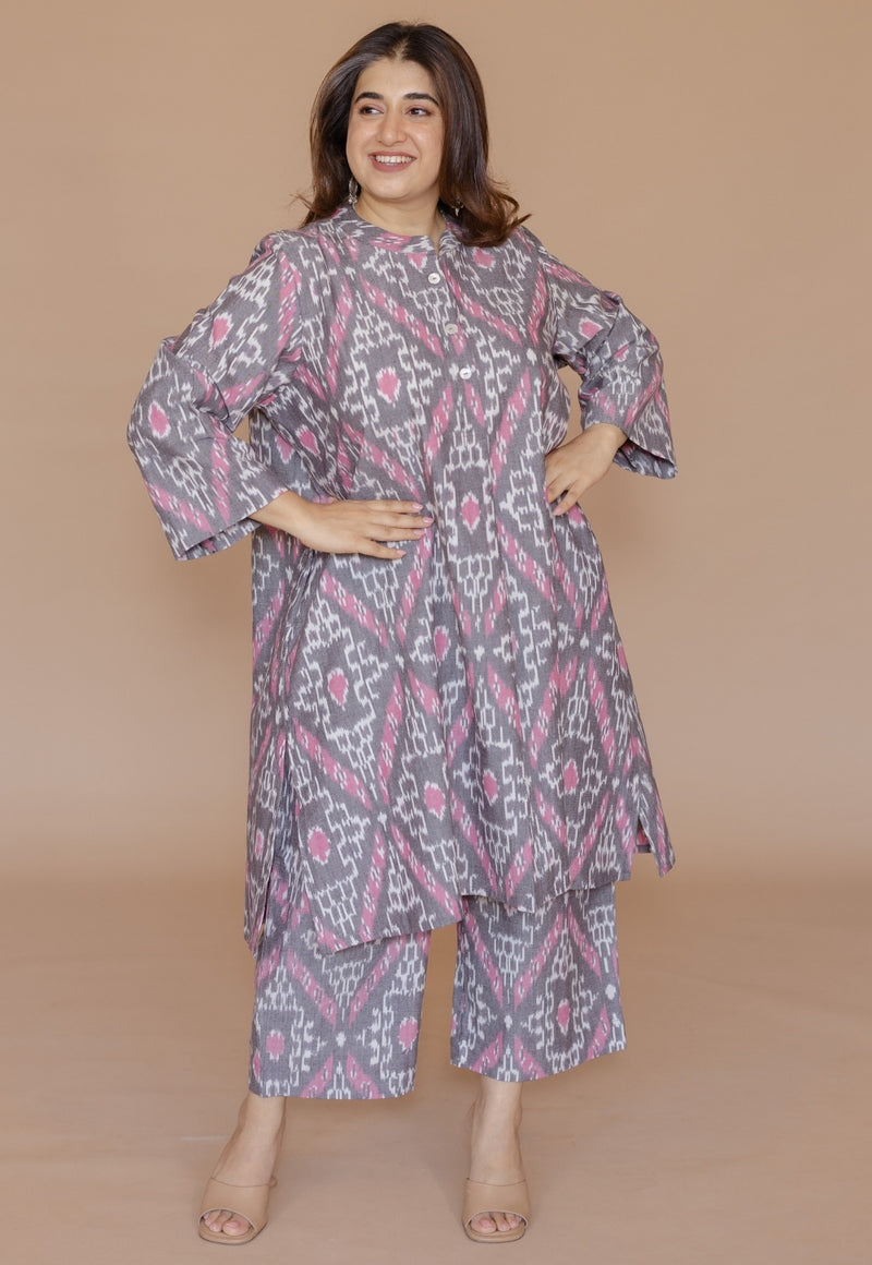 Ayaat Grey Handloom Ikkat Cotton Straight Kurta