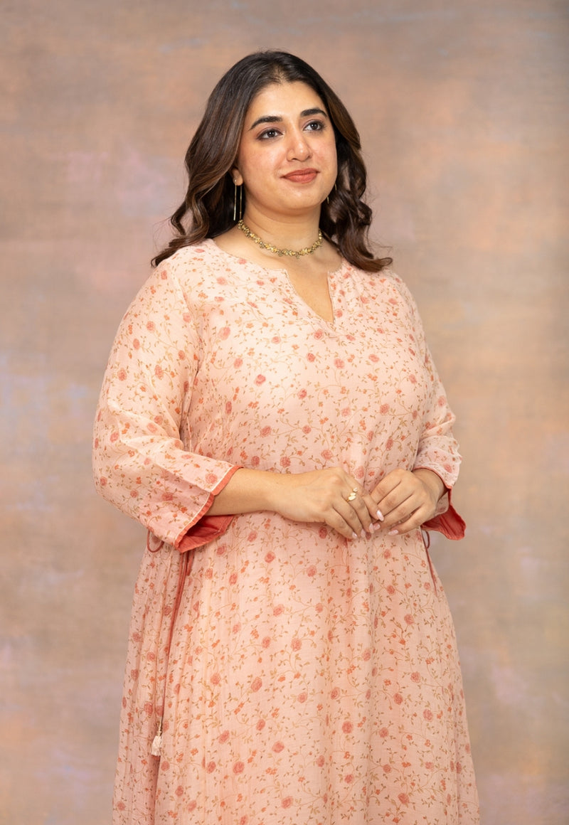 Rosette Orange Sanganeri Chanderi Silk A Line Kurta