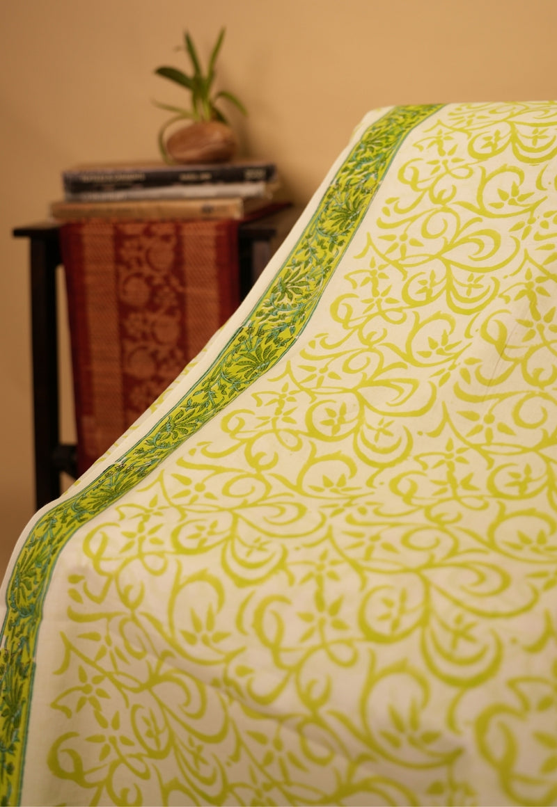 Green Floral Sanganeri Hand Block Print Kota Doria Saree