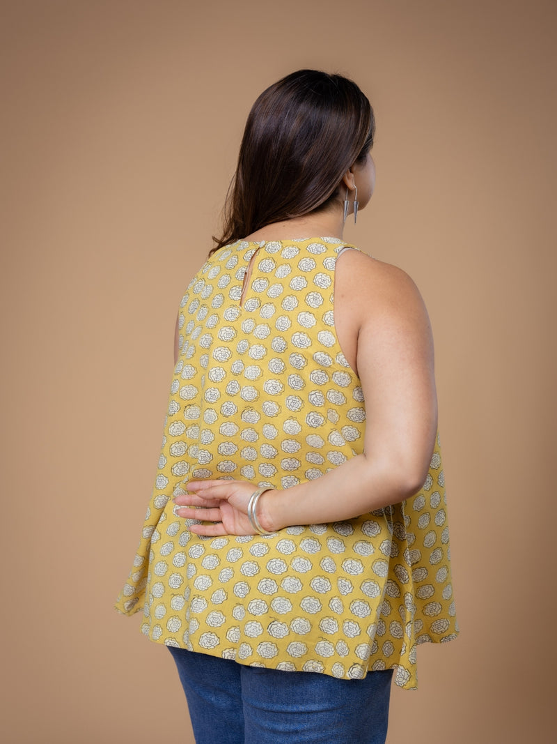 Parveen Yellow Dabu Slub Cotton A Line Short Top