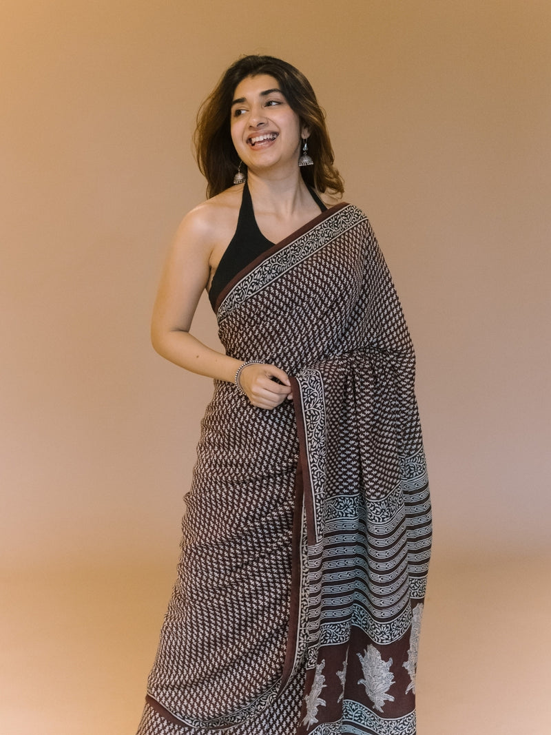 Black Butti Bagru Hand Block Print Modal Saree