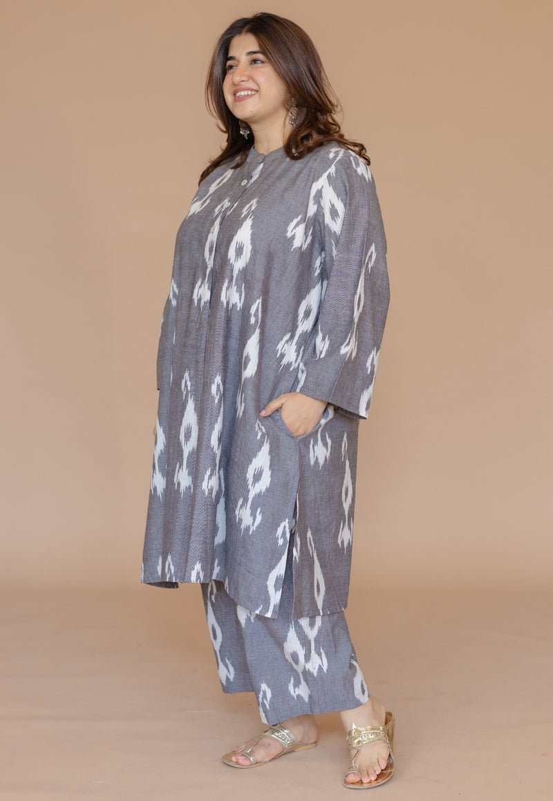 Ayaat Grey Handloom Ikkat Cotton Straight Kurta