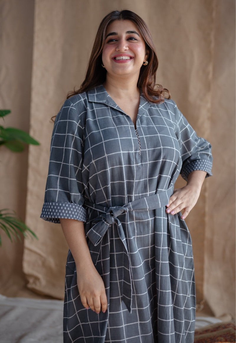 Alzira Grey Dabu Slub Cotton A Line Dress with Embroidery