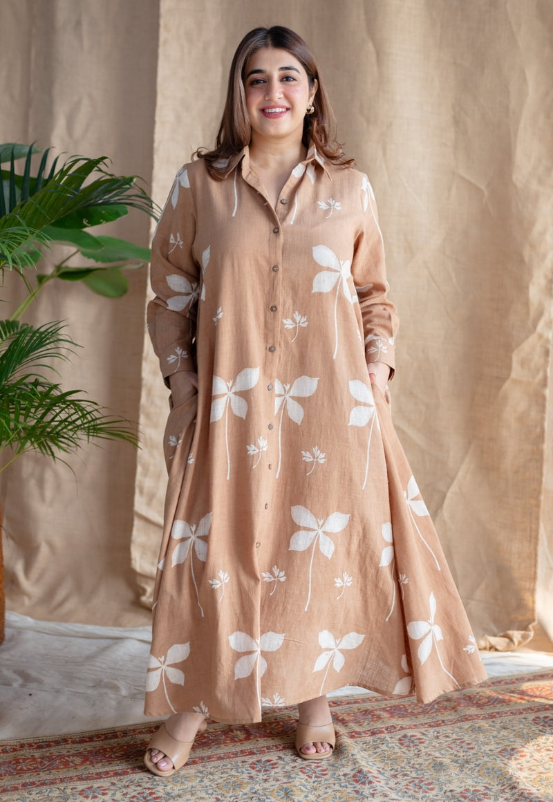 Trusha Light Brown A Line Dabu Slub Cotton Dress