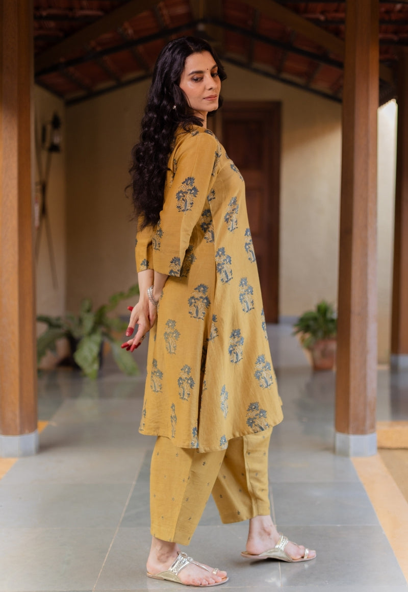 Daksha Mustard Ajrakh Chanderi Silk A Line Kurta with Hand Embroidery