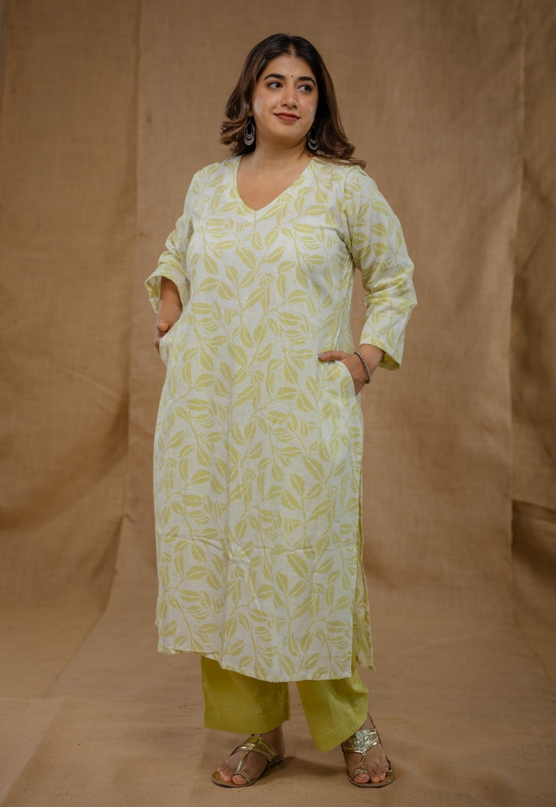 Aarushi Green Hand Block Print Slub Cotton Straight Kurta