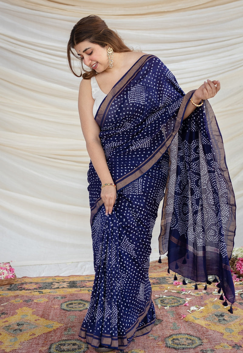 Indigo Blue Bandhani Cotton Silk Saree