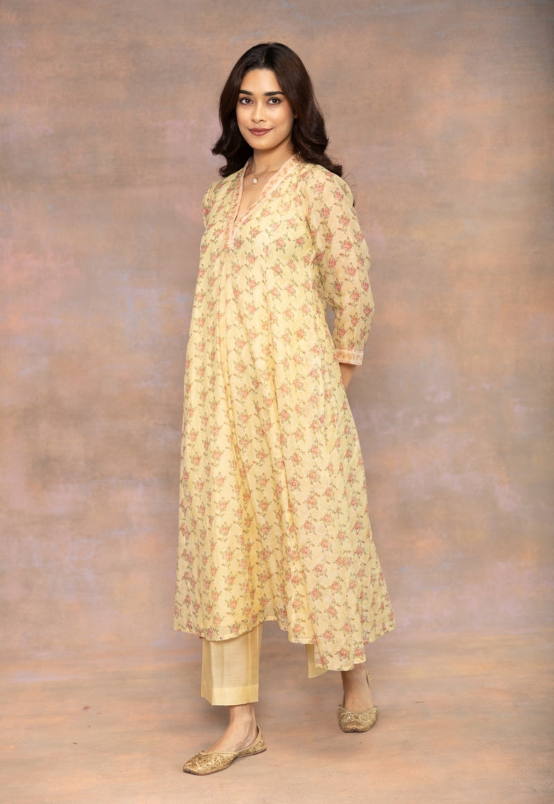 Rosa Yellow Sanganeri Chanderi Silk Kali Kurta