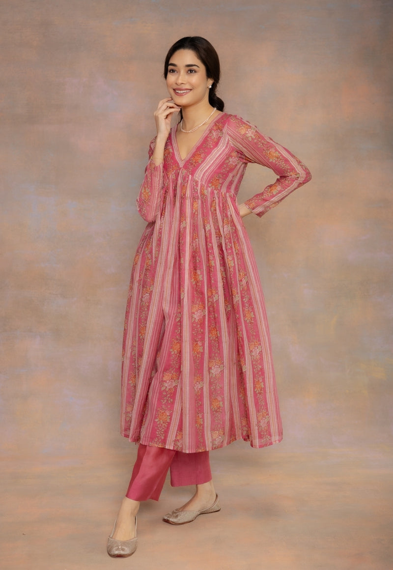 Rooz Pink Sanganeri Chanderi Silk A Line Kurta with Lace Detailing