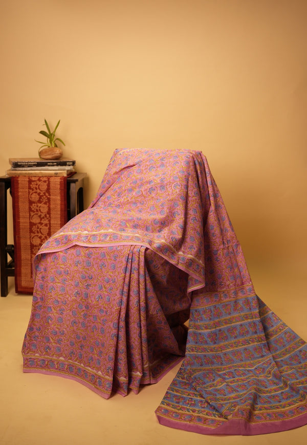 Pink Jaal Sanganeri Hand Block Pint Cotton Saree