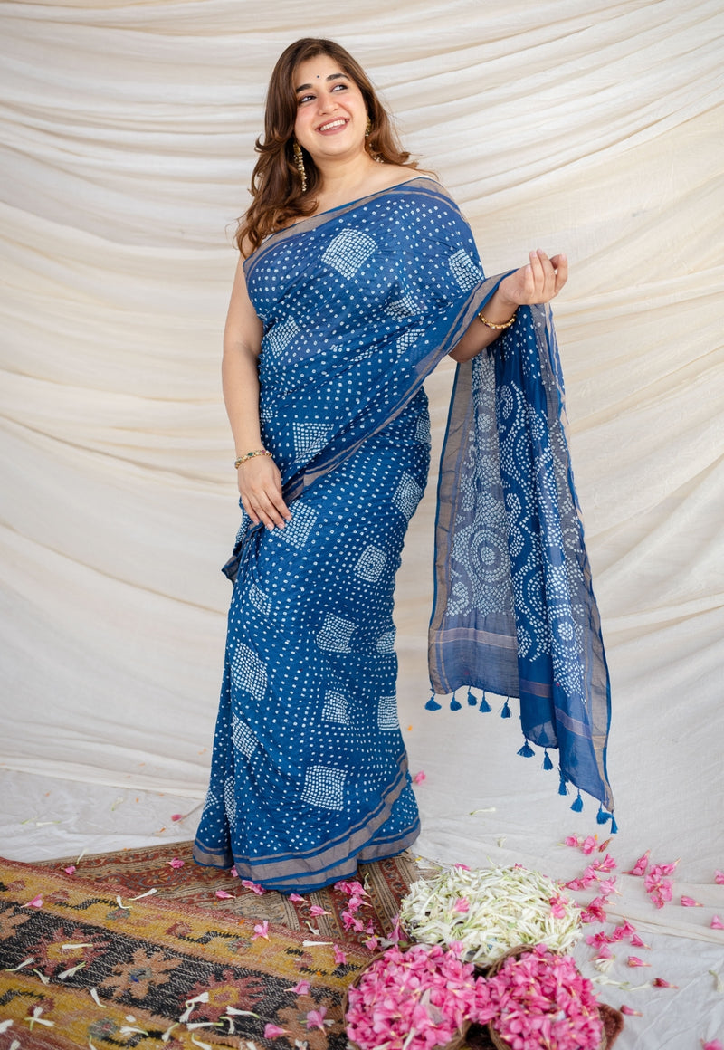 Blue Bandhani Cotton Silk Saree