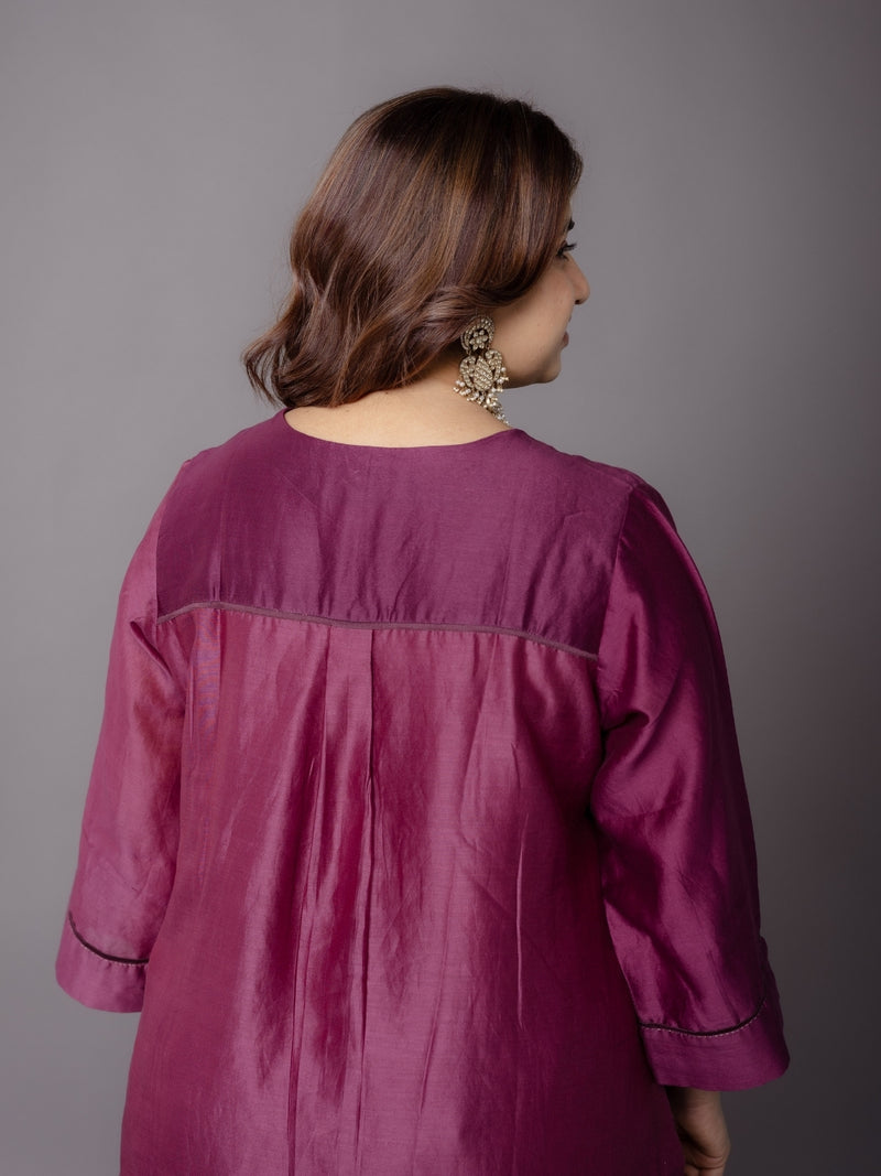 Kanika Purple Solid Chanderi Silk Straight Kurta with Hand Embroidery