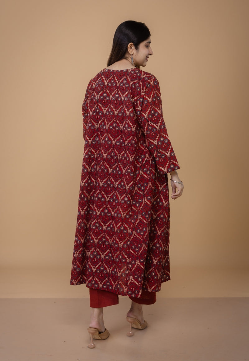Nyra Red Ajrakh Cotton Jhabba Kali Kurta